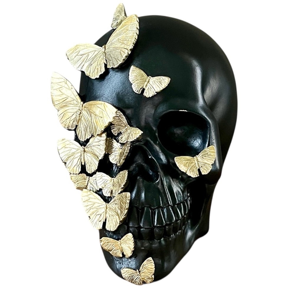 Black Skeleton Skull Figurine Gold Metal Butterflies Glam Gilded Halloween Decor